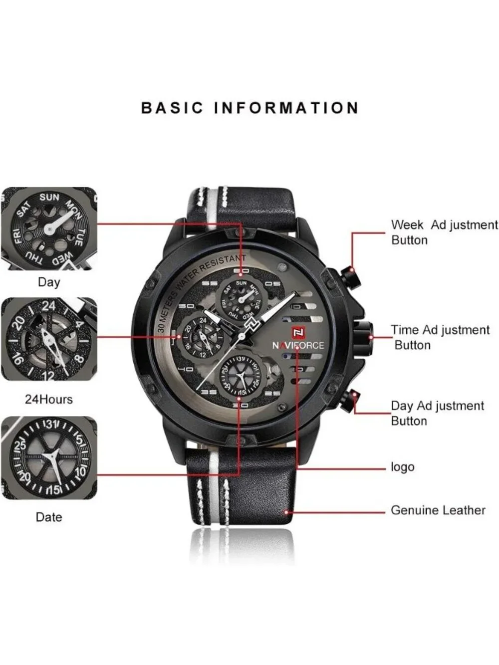 Men's All Black Analog Quartz Leather Band Waterproof Sport Military Wrist Watch